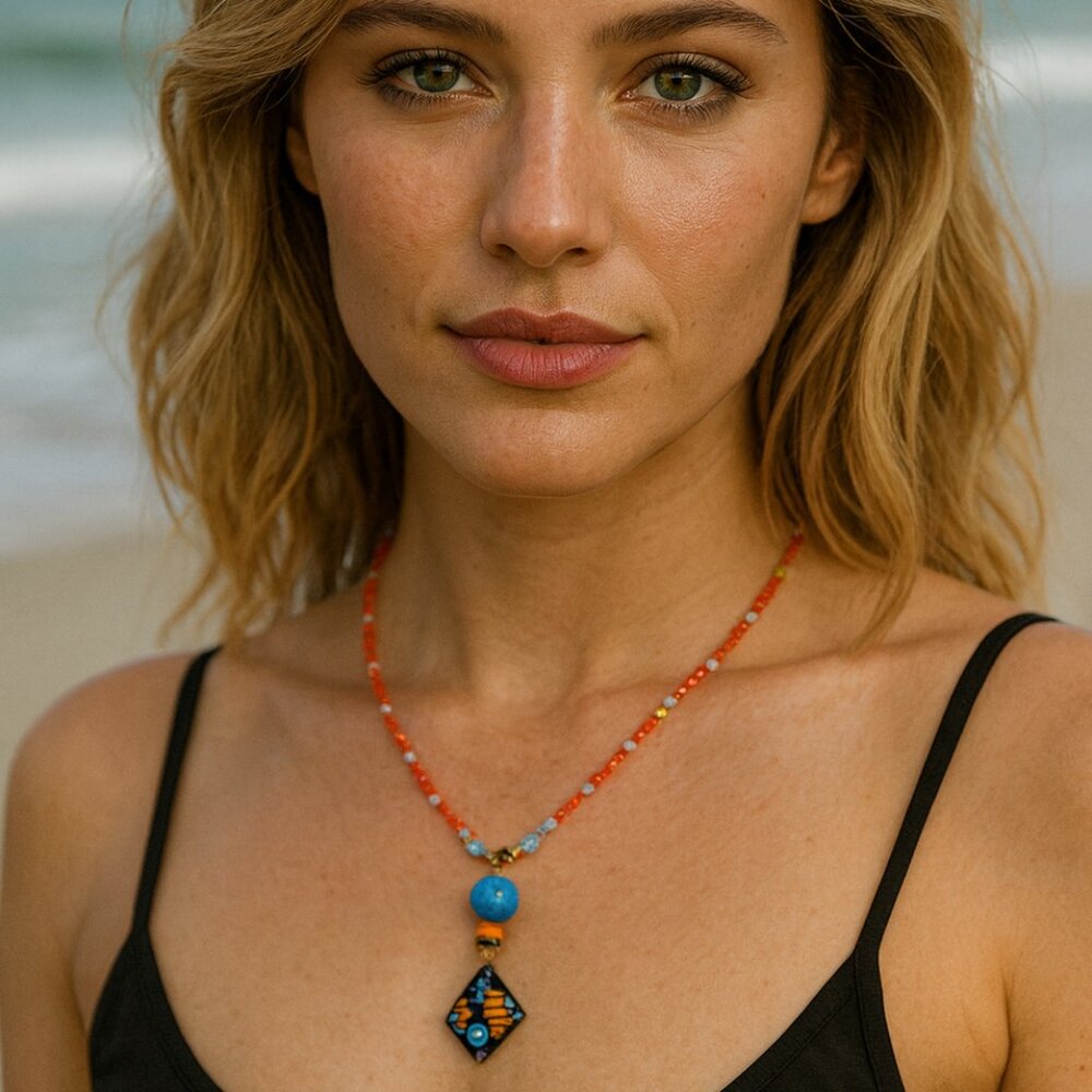 Handcrafted CRYSTALS Beaded Necklace with Colorful Pendant –Boho Tribal Jewelry